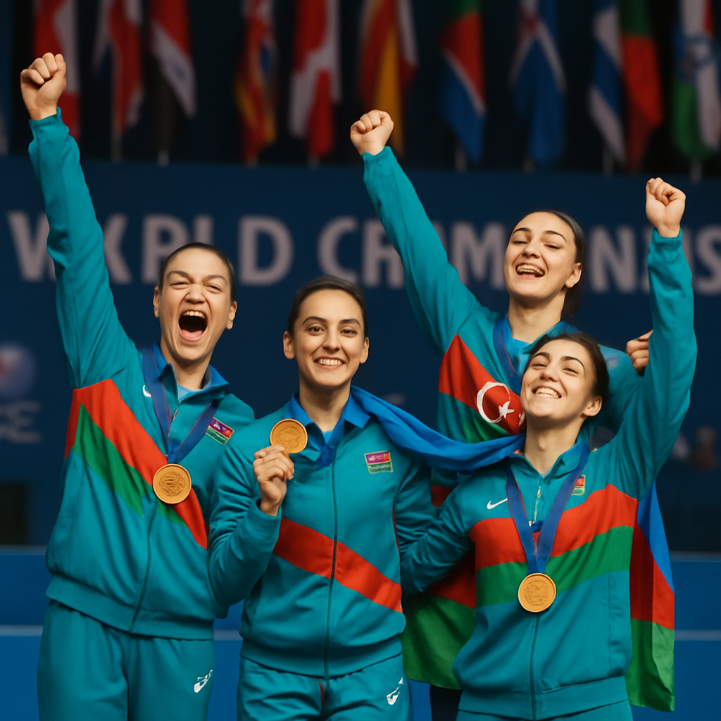 An Azerbaijani gymnast performs a routine with grace and power in front of an