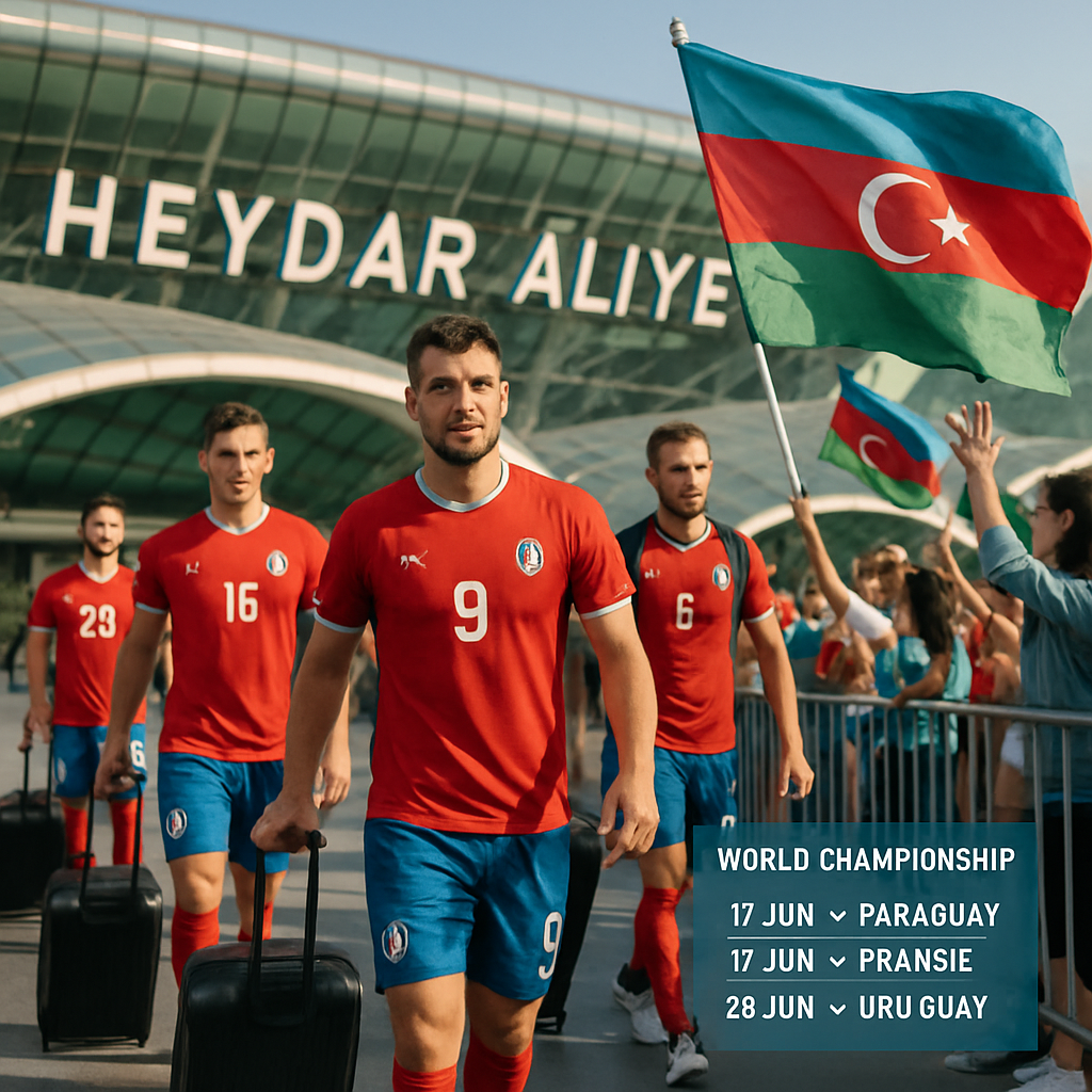 Soccer players boarding a plane at Heydar Aliyev International Airport with flags and supporters