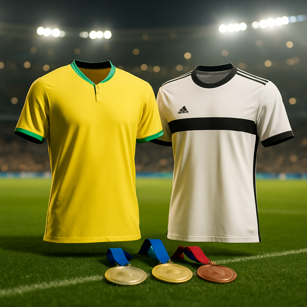 Brazilian and German football jerseys beside gold, silver, and bronze medals in a stadium,