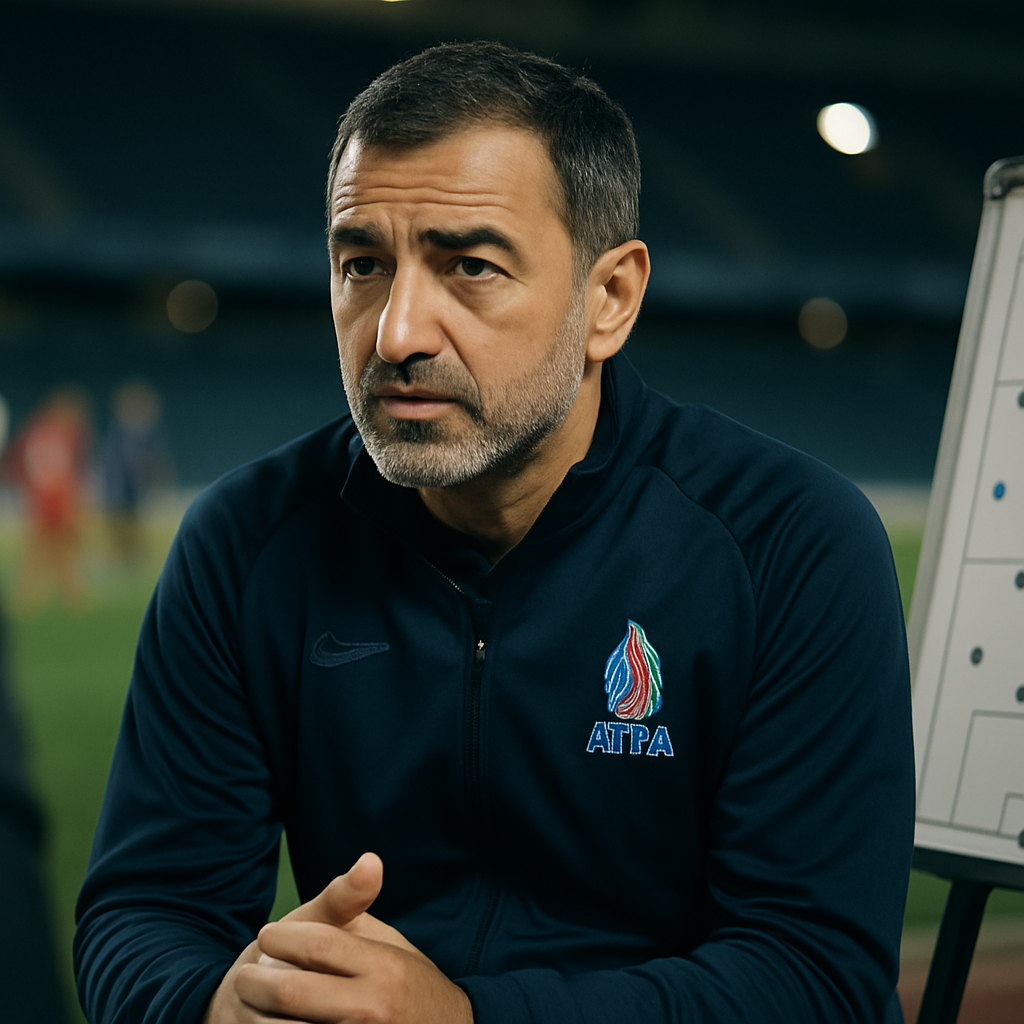Azerbaijani football head coach reflects on the championship during a thoughtful sideline interview.