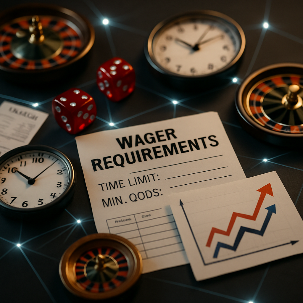 An analytical and strategic themed graphic illustrating 1xBet requirements with elements like clocks, graphs,