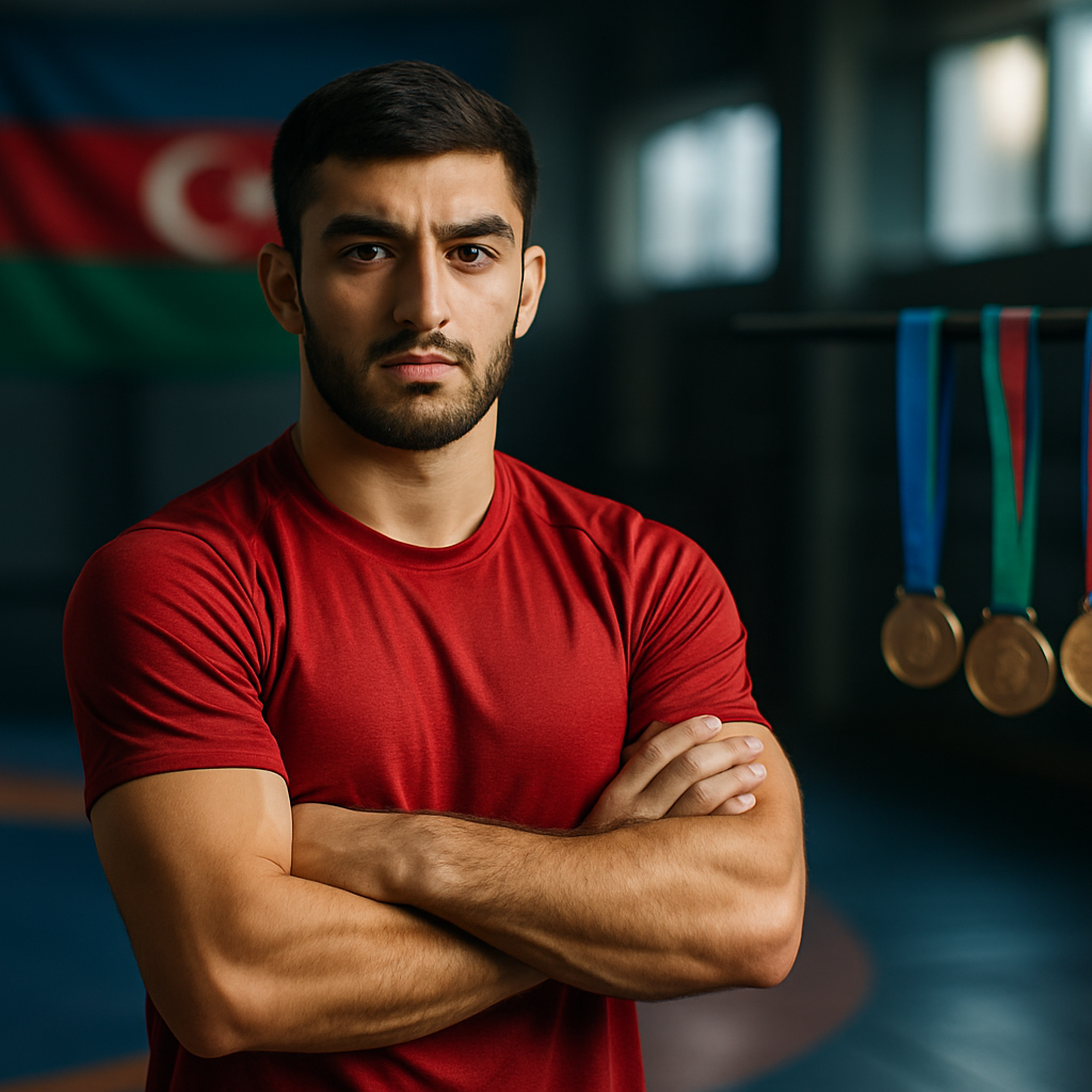 A focused Azerbaijani athlete in a training venue, with medals nearby and the national
