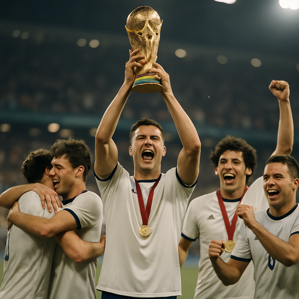 Football champions celebrate together with a trophy on the pitch as the crowd cheers.