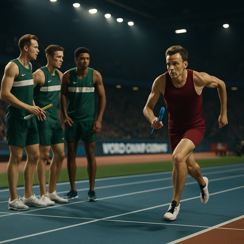 A relay team strategizes at trackside as an individual athlete races alone toward the