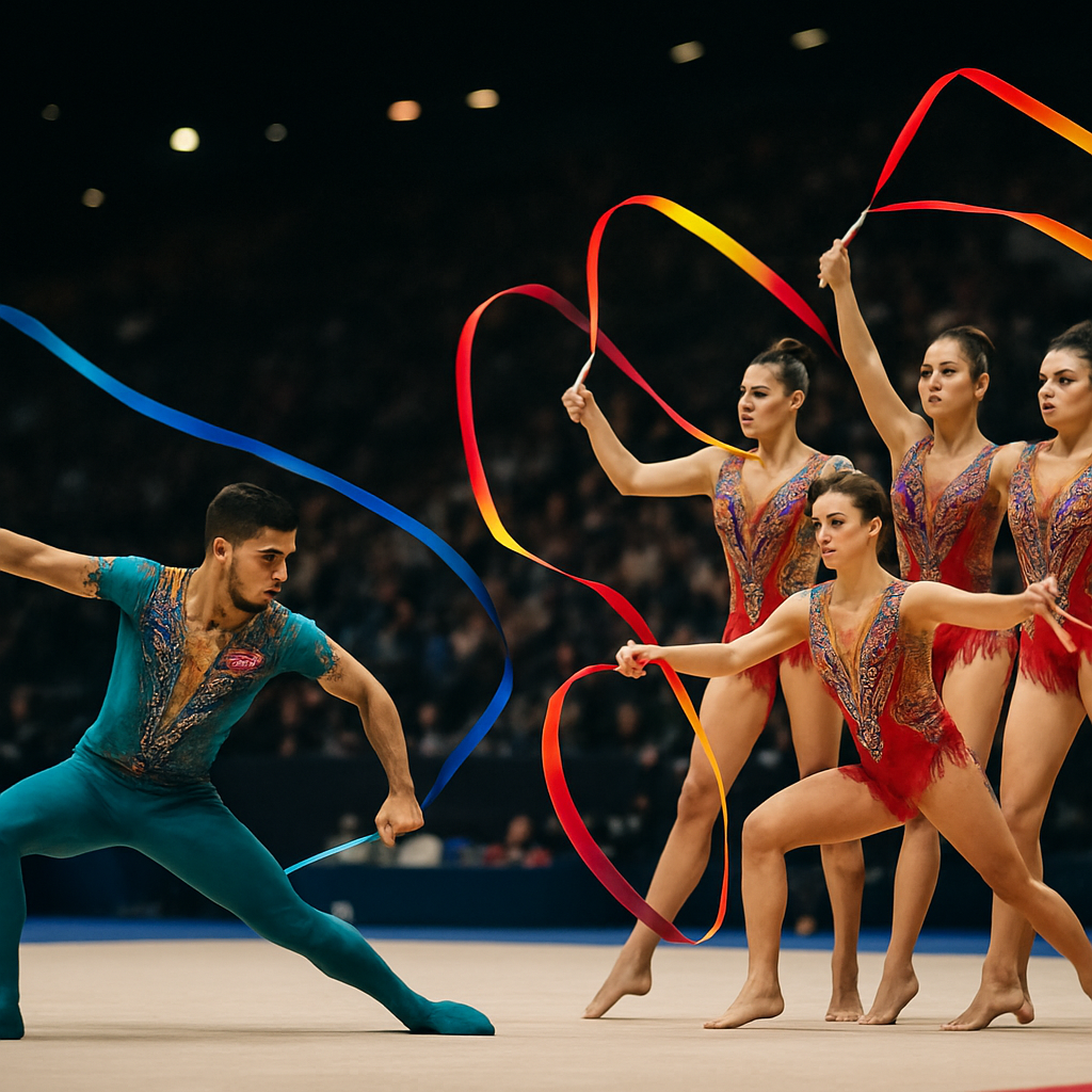Azerbaijani rhythmic gymnasts perform in sync during the World Cup final in Antwerp.