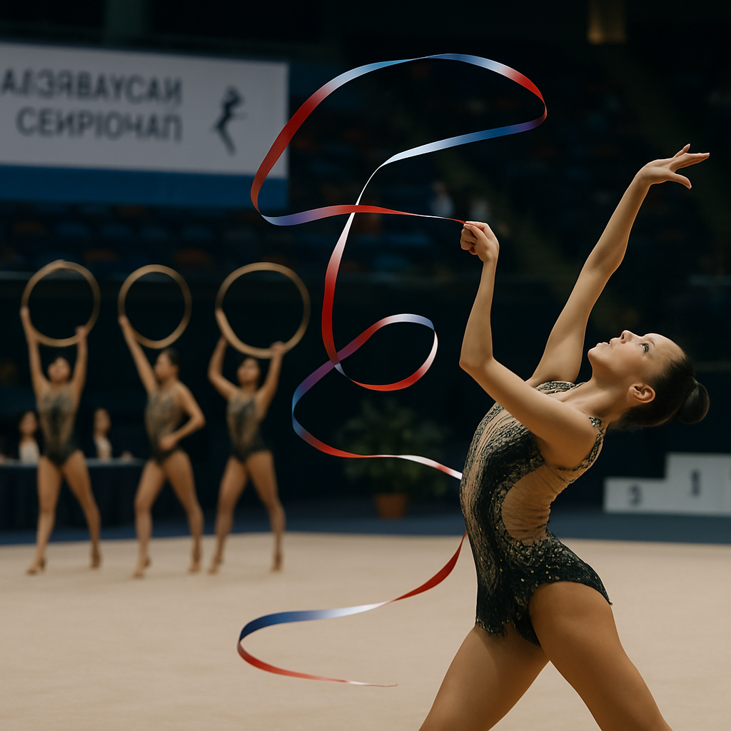 An individual rhythmic gymnast performs with a ribbon as a group competes behind her