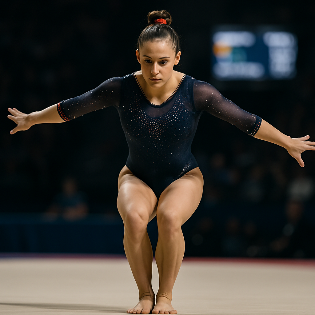 A focused gymnast holds a steady landing on the floor in a championship arena.