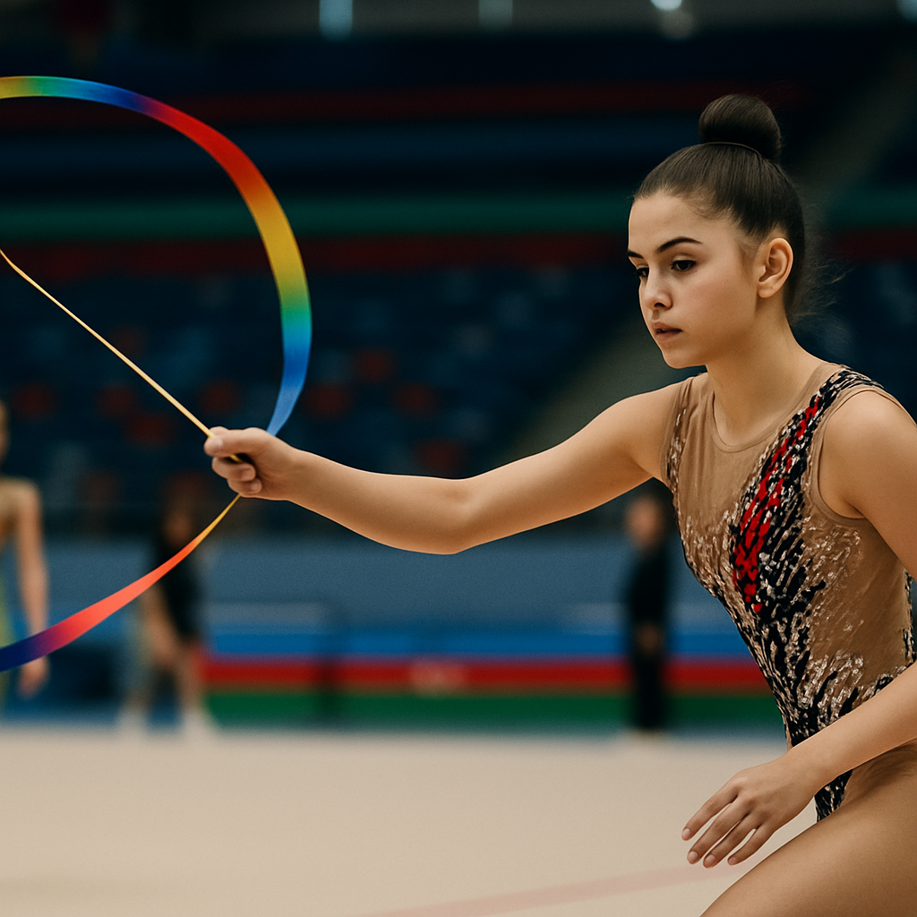 A young rhythmic gymnast performs with a ribbon at the Azerbaijan Championship as a