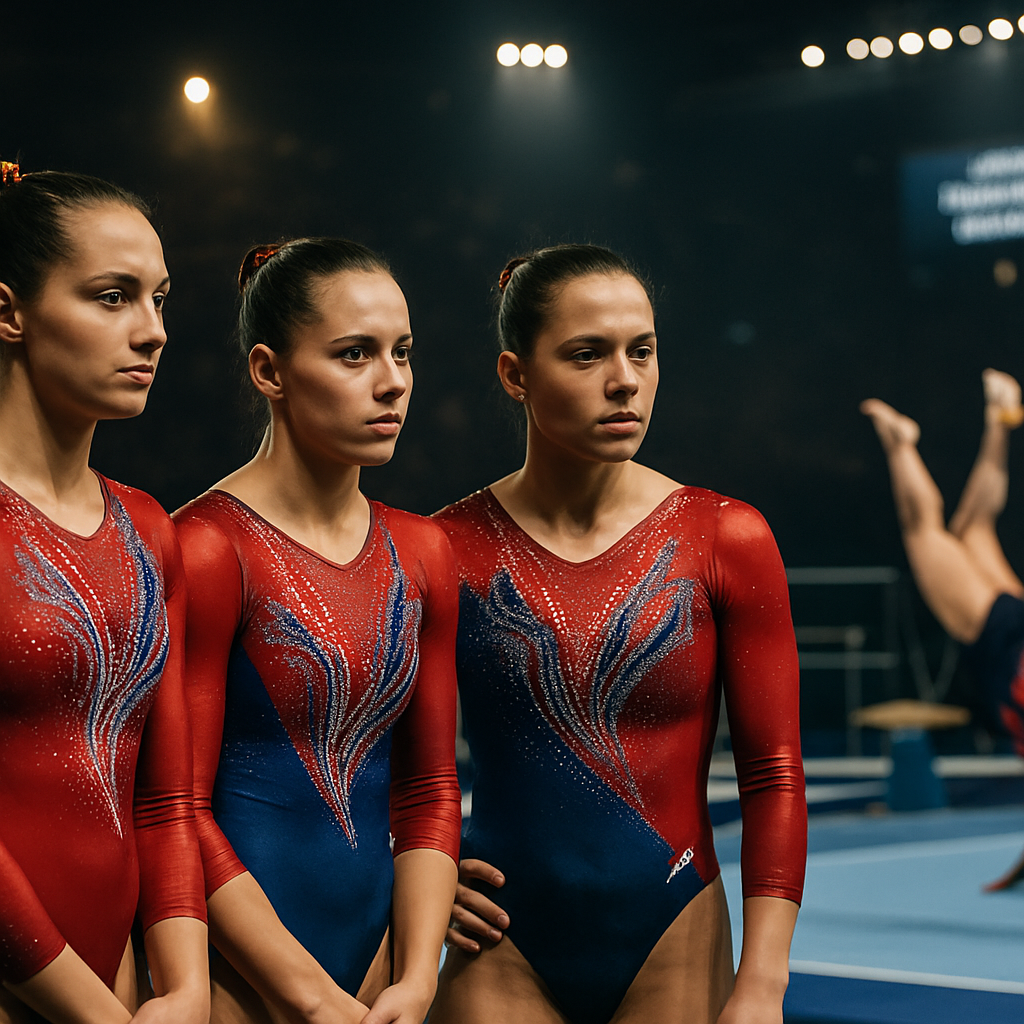 Gymnasts watch their teammate compete as their team fights for medals at the world
