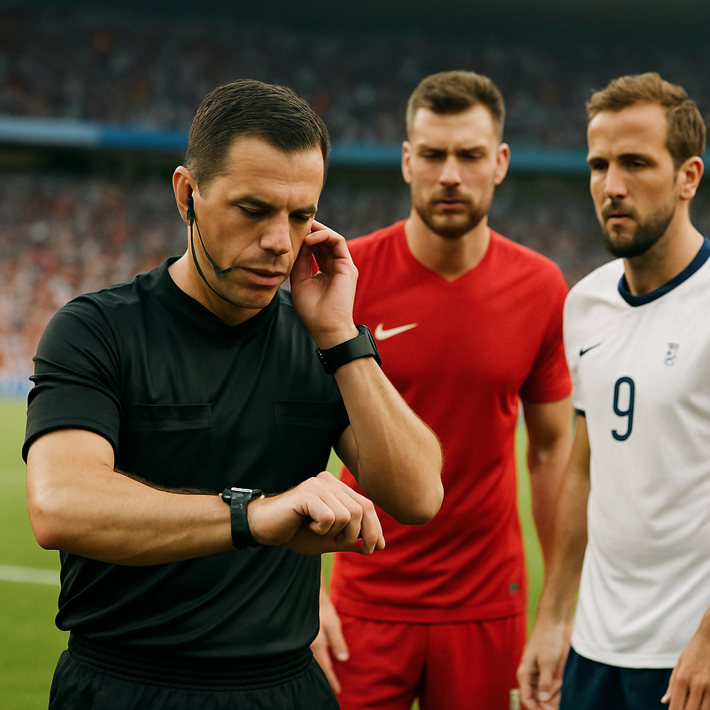 A World Cup referee checks a wrist device and communicates with the video assistant